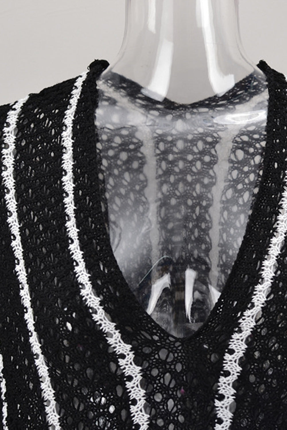 Black Striped Crochet Loose Fit V Neck Beach Cover Up