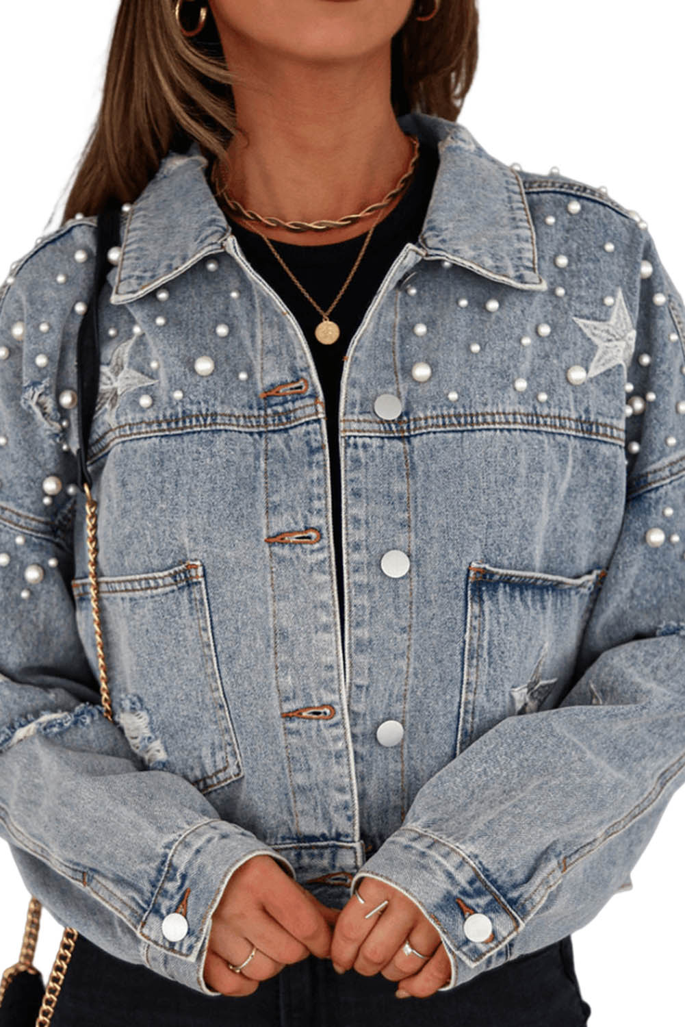 Black Distressed Pearls Star Cropped Denim Jacket