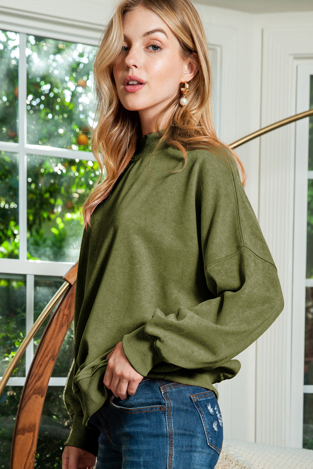 Sky Blue Plain Drop Shoulder Crew Neck Pullover Sweatshirt