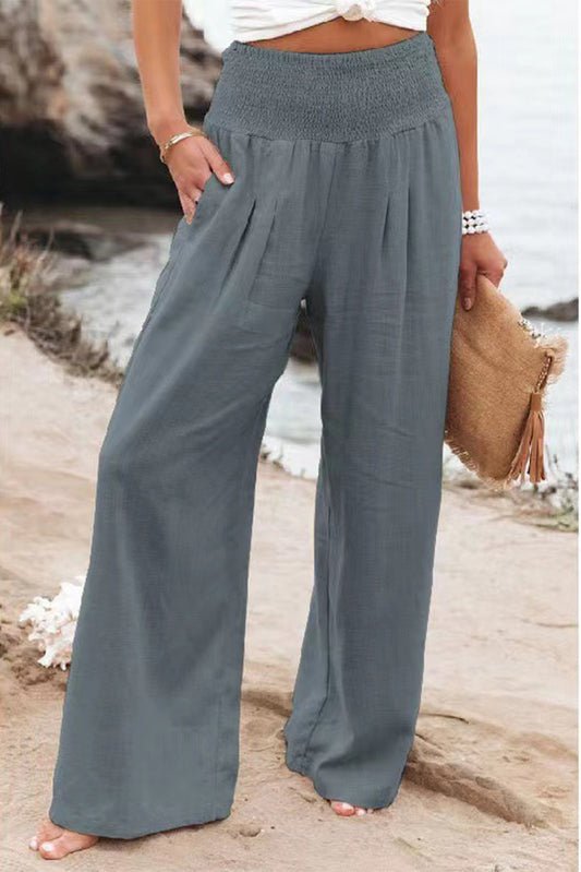 Blue Smocked Wide Waistband High Waist Wide Leg Pants