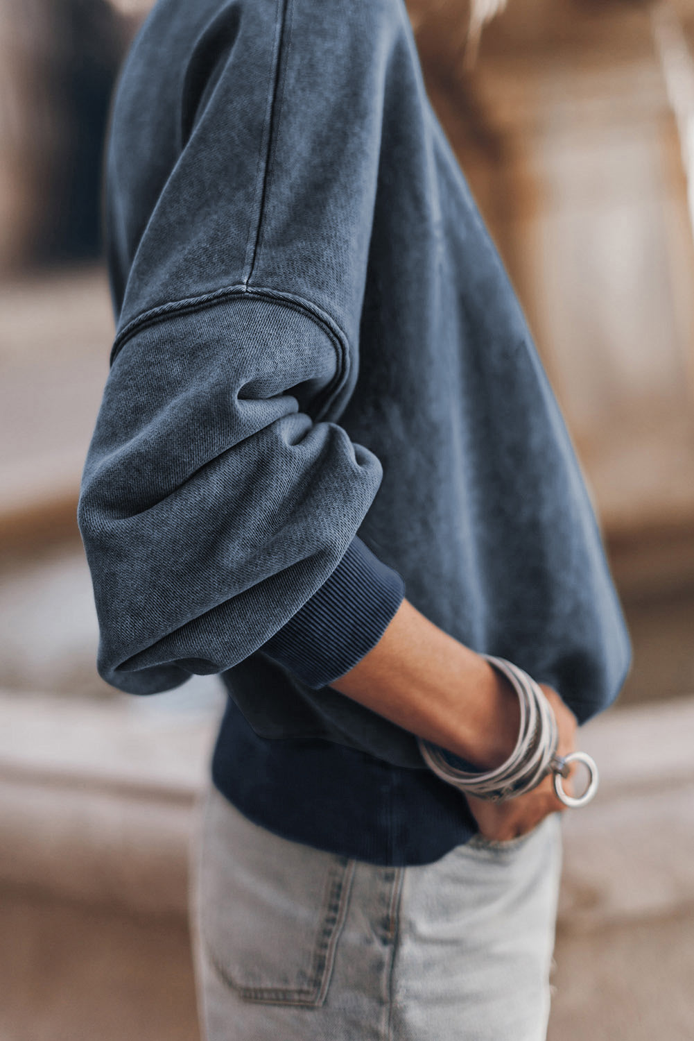 Sky Blue Plain Drop Shoulder Crew Neck Pullover Sweatshirt