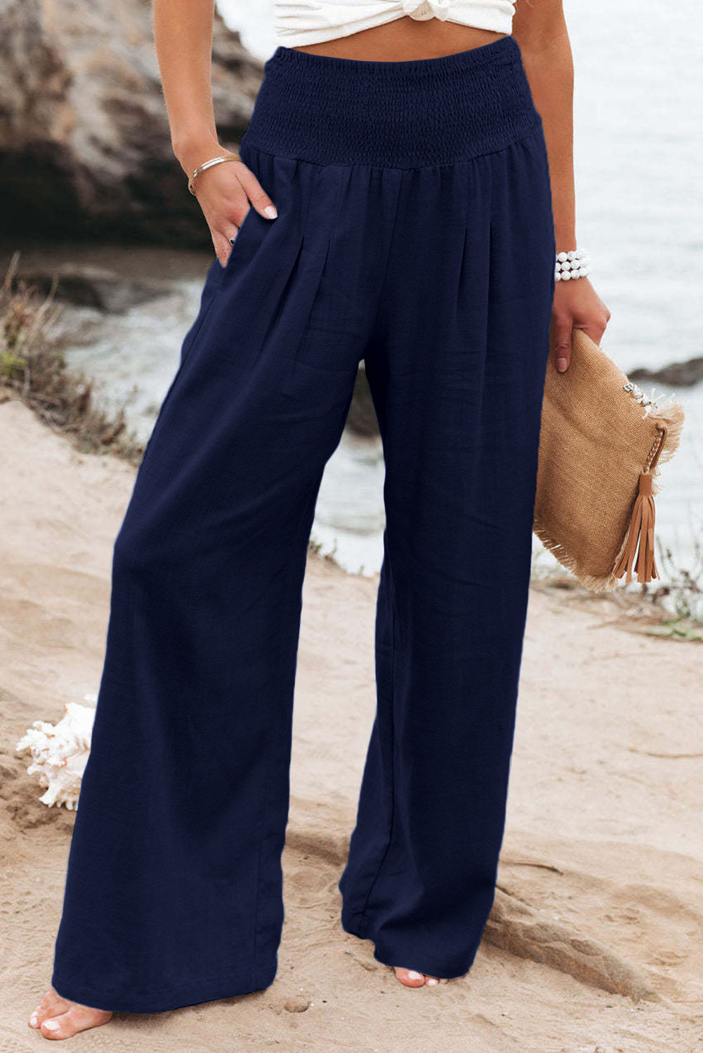 Blue Smocked Wide Waistband High Waist Wide Leg Pants