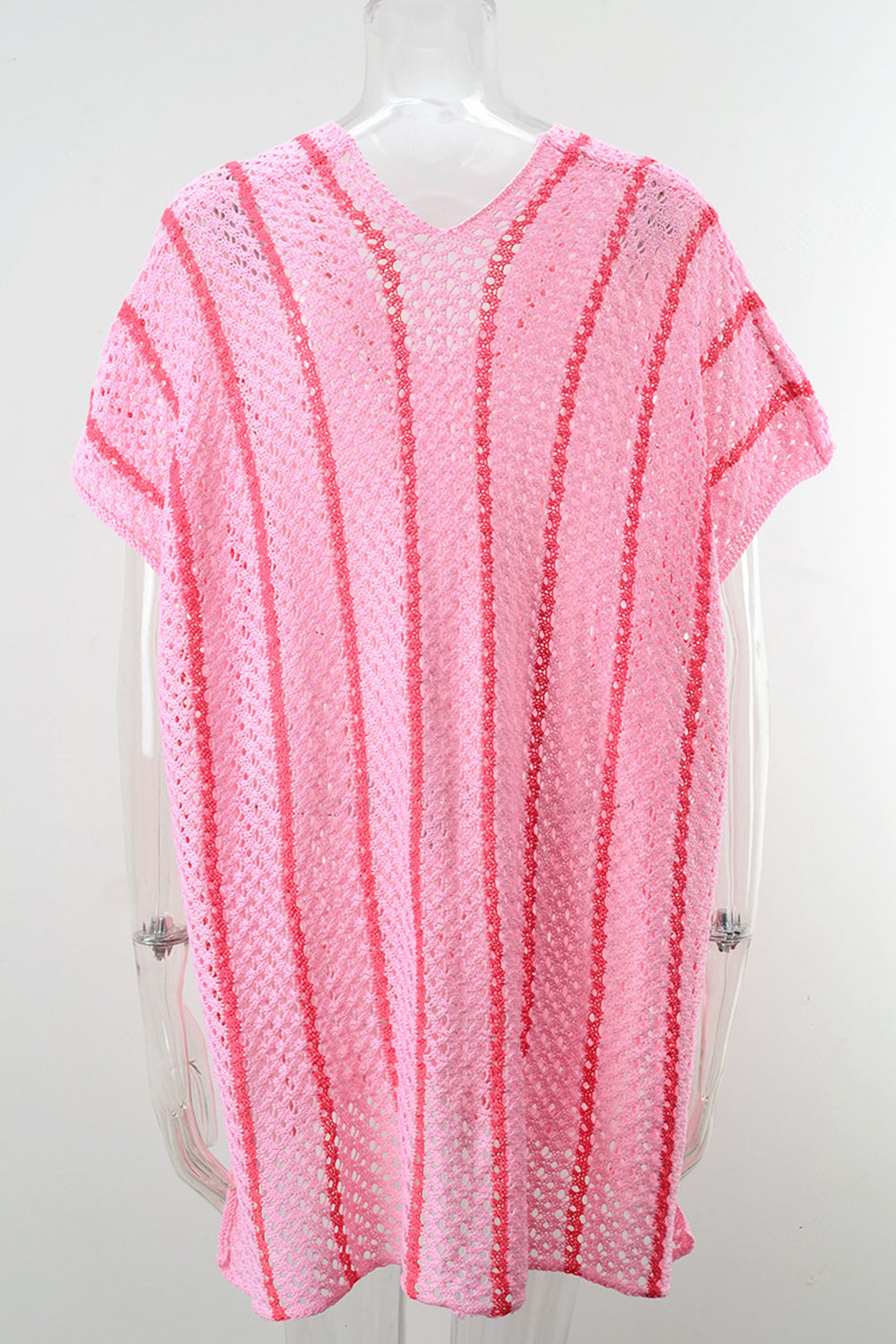 Black Striped Crochet Loose Fit V Neck Beach Cover Up