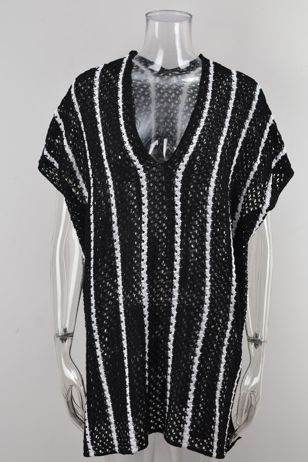 Black Striped Crochet Loose Fit V Neck Beach Cover Up