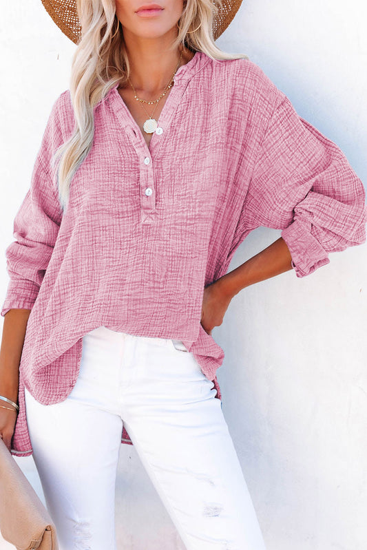 Pink Loose Crinkle Button V Neck Henley Top
