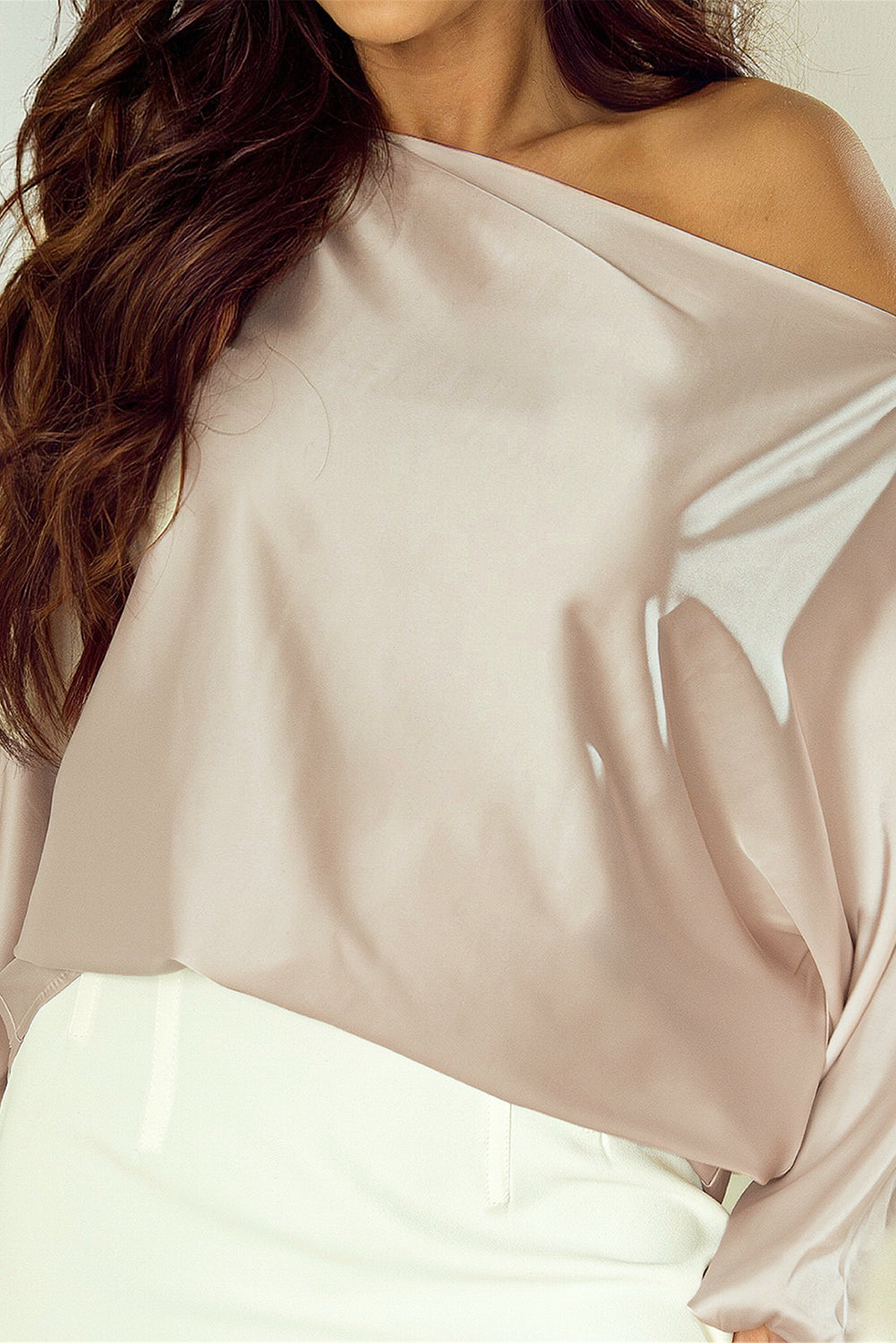 Bright Pink Solid Color Asymmetrical Neck Lantern Sleeve Blouse