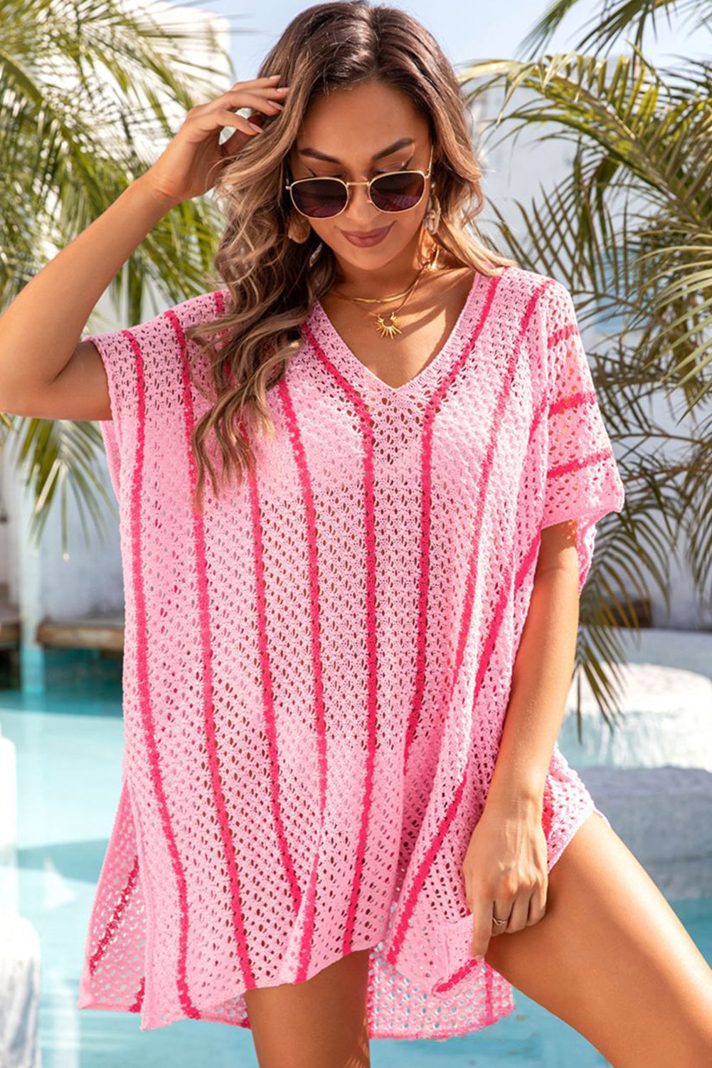 Black Striped Crochet Loose Fit V Neck Beach Cover Up