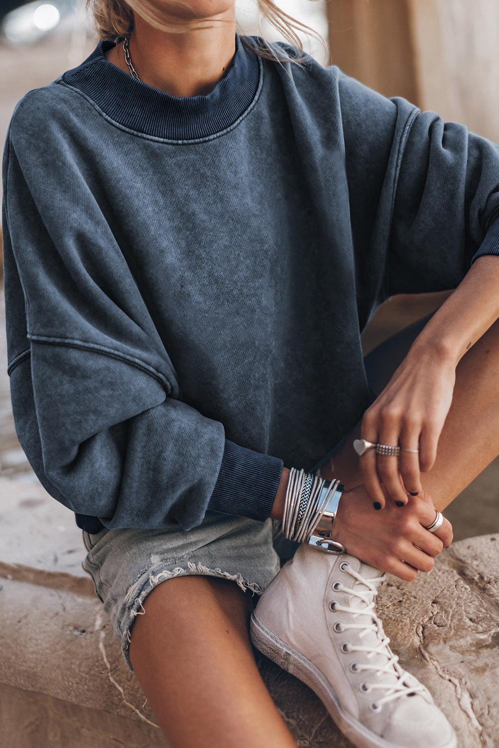 Sky Blue Plain Drop Shoulder Crew Neck Pullover Sweatshirt