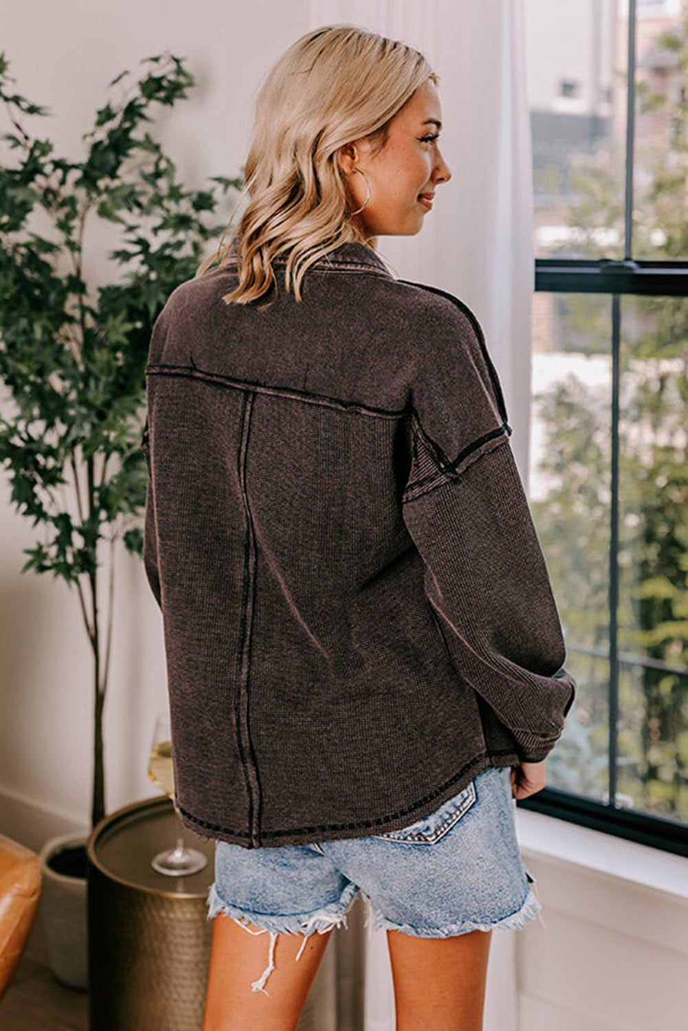 Black Waffle Exposed Seam Washed Henley Sweatshirt