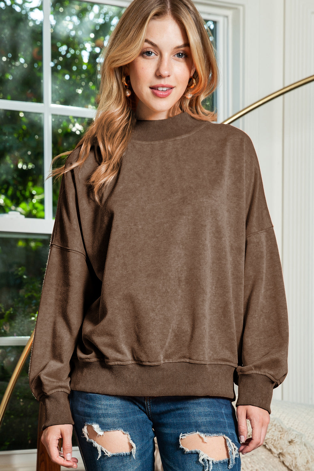 Sky Blue Plain Drop Shoulder Crew Neck Pullover Sweatshirt
