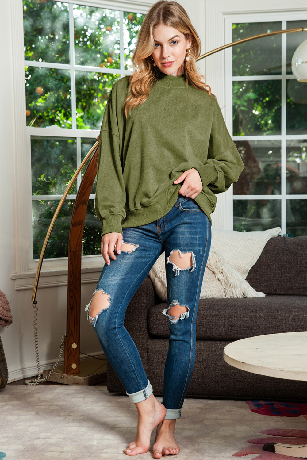 Sky Blue Plain Drop Shoulder Crew Neck Pullover Sweatshirt