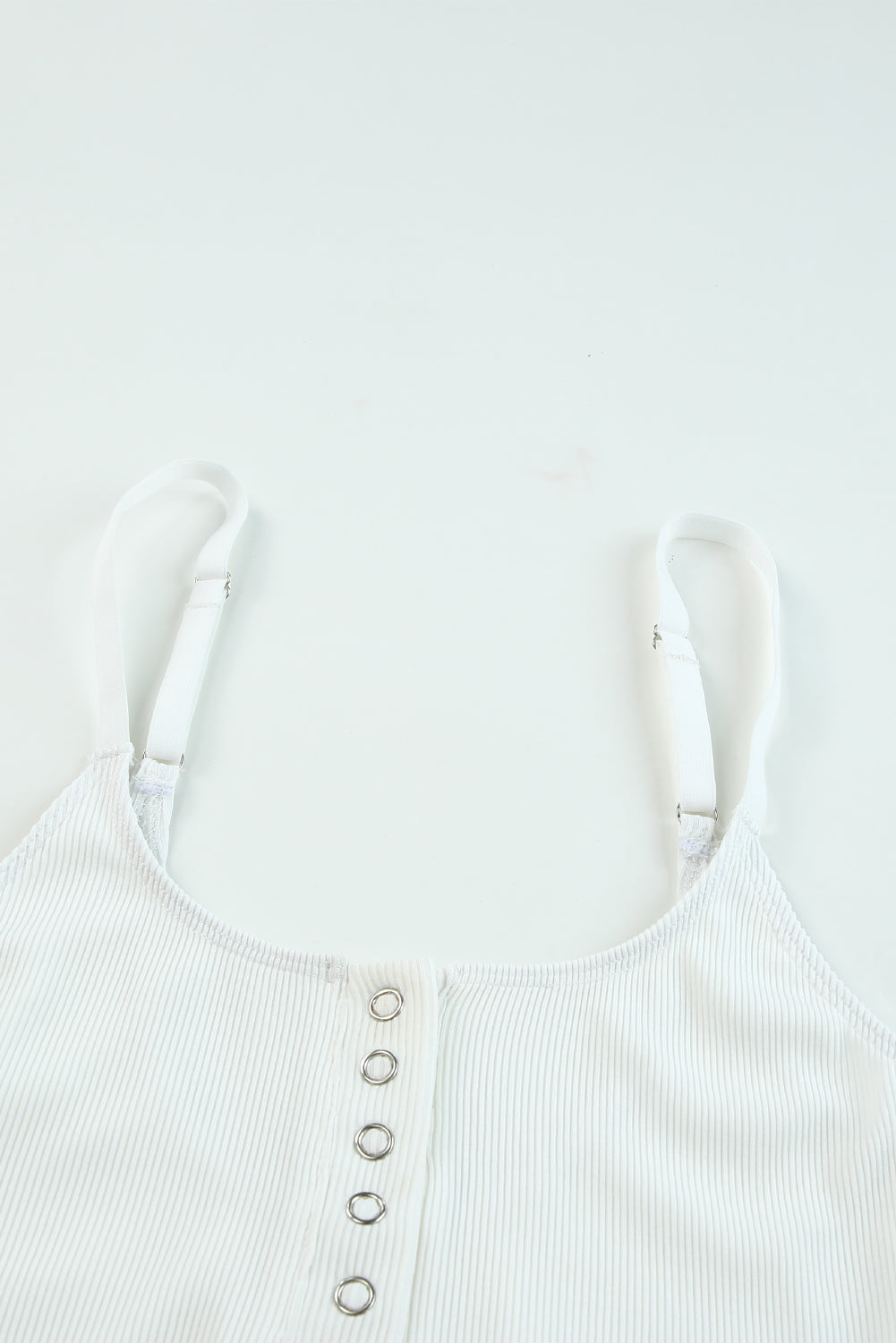 White Ribbed Knit Button Notch Adjustable Spaghetti Straps Bodysuit