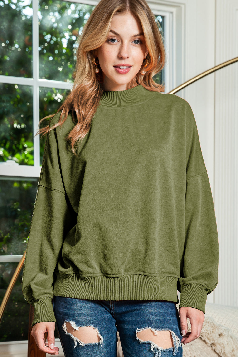 Sky Blue Plain Drop Shoulder Crew Neck Pullover Sweatshirt