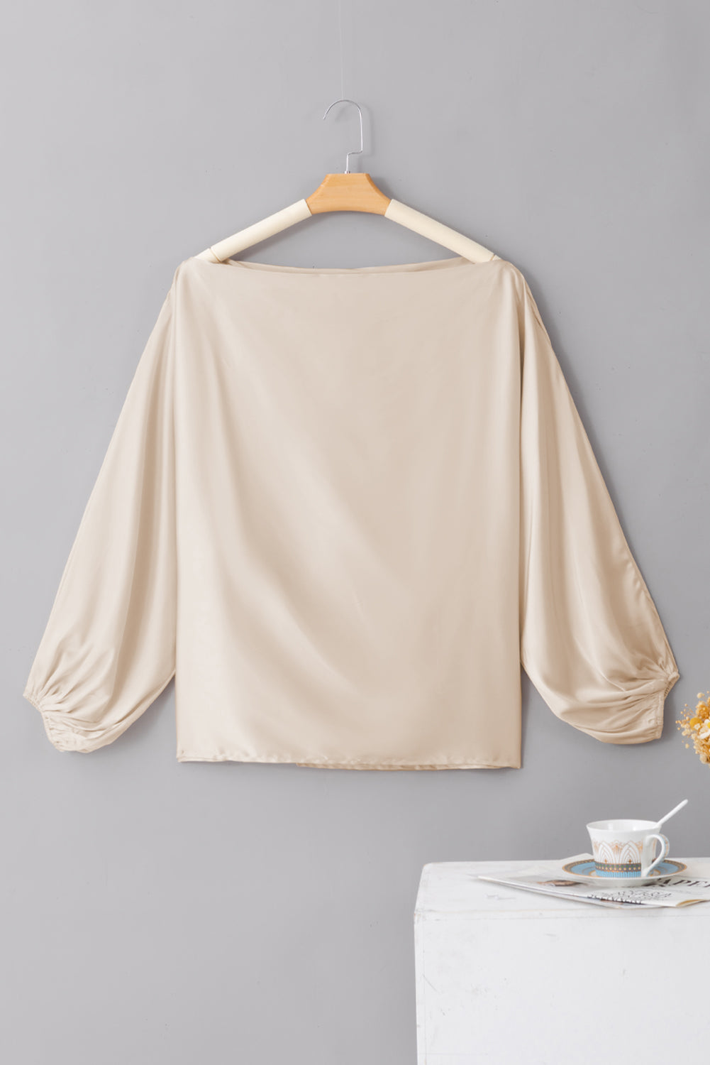 Bright Pink Solid Color Asymmetrical Neck Lantern Sleeve Blouse