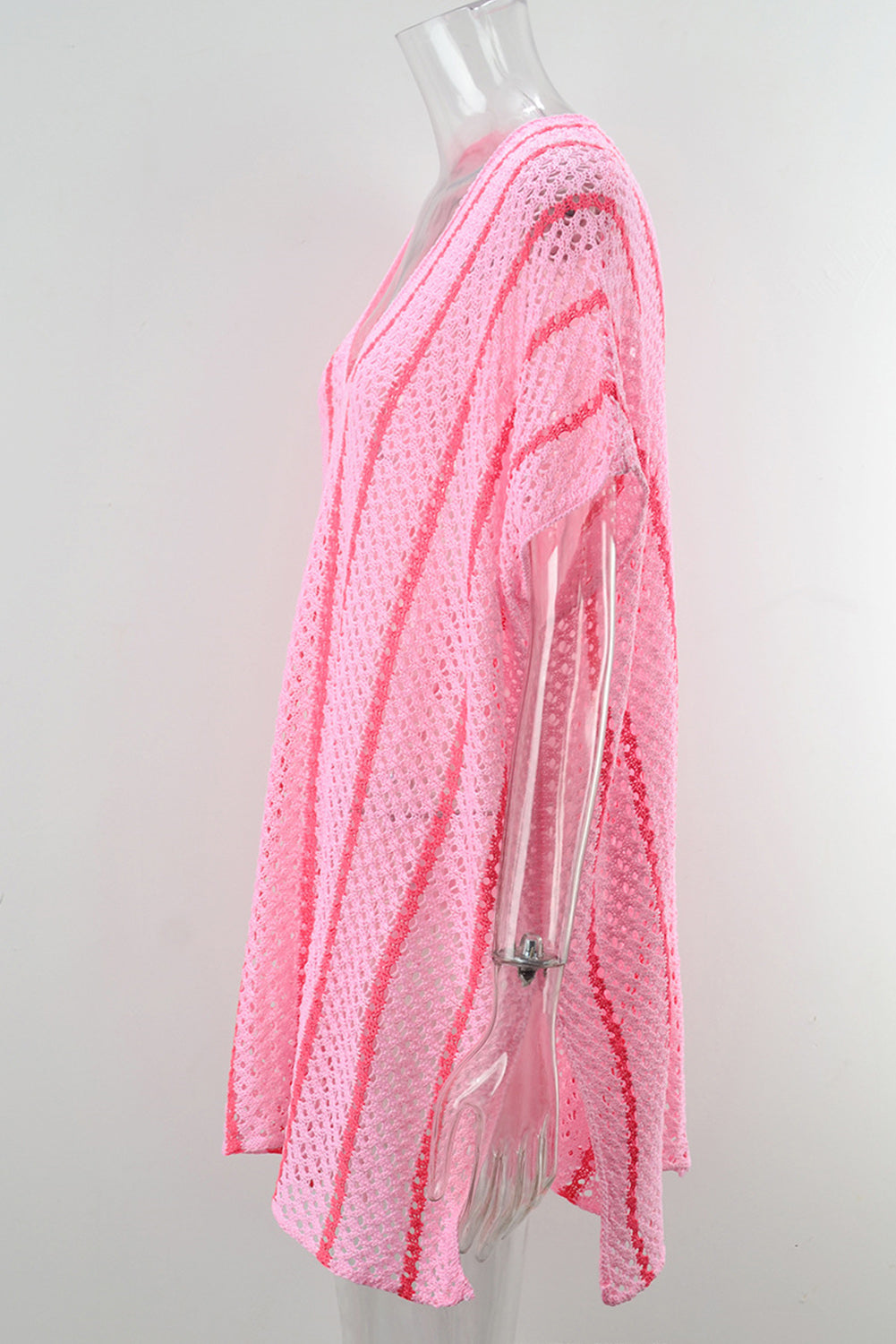 Black Striped Crochet Loose Fit V Neck Beach Cover Up