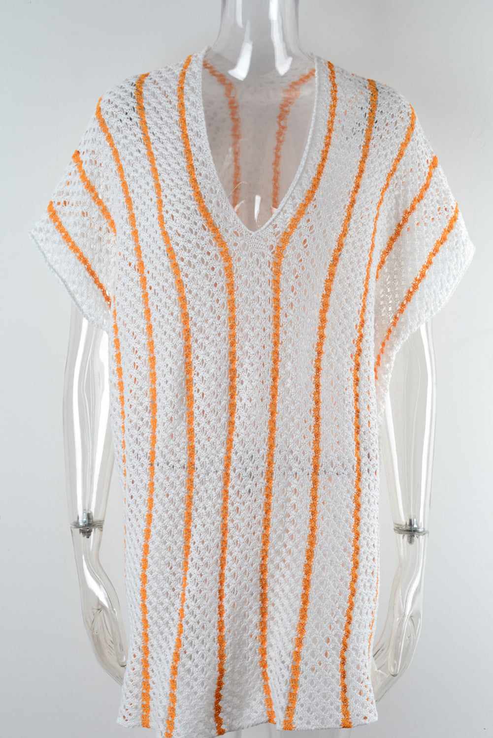 Black Striped Crochet Loose Fit V Neck Beach Cover Up