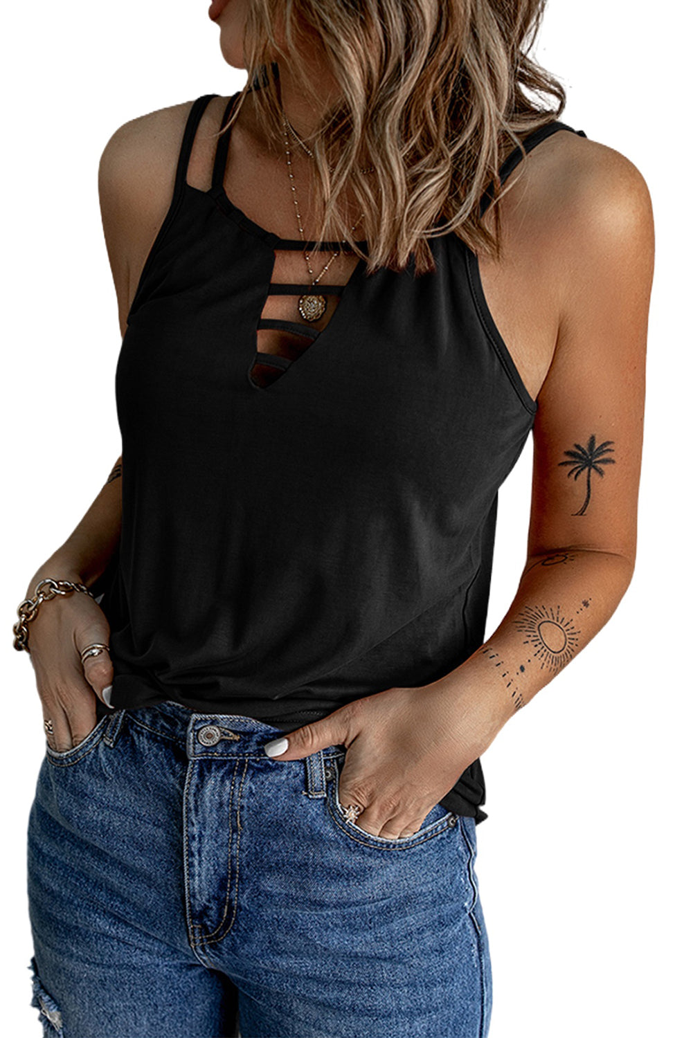Black Basic Ladder Hollow-out Cami Top