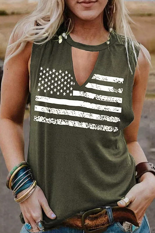 Green Casual Keyhole Neck Flag Print Tank Top