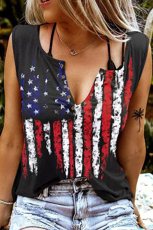 Black American Flag Printed Notched V Neck Tank Top