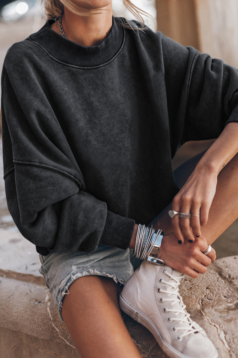 Sky Blue Plain Drop Shoulder Crew Neck Pullover Sweatshirt
