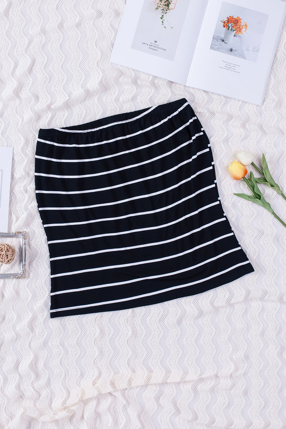 Black Casual Striped Strapless Bandeau Summer Top