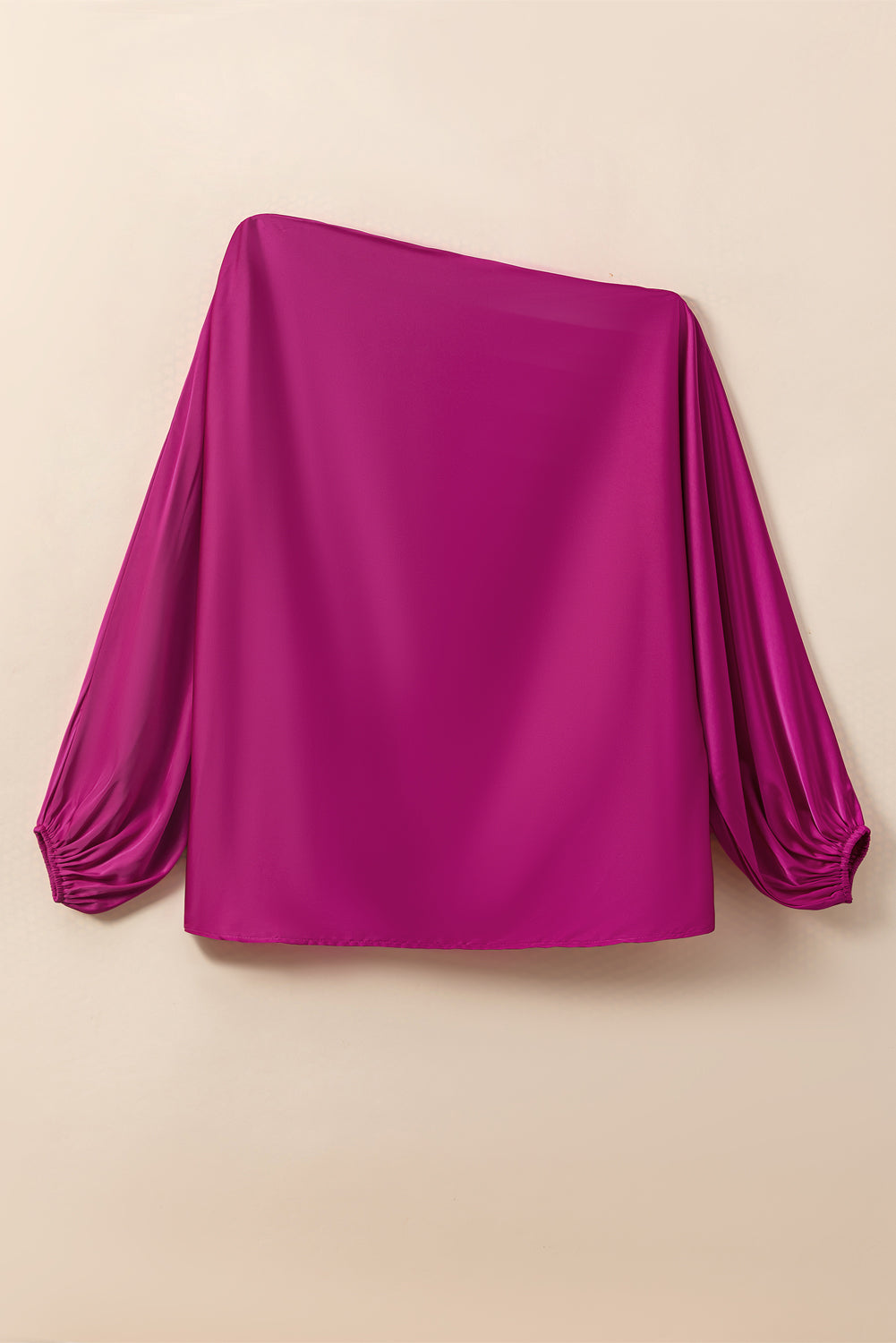 Bright Pink Solid Color Asymmetrical Neck Lantern Sleeve Blouse