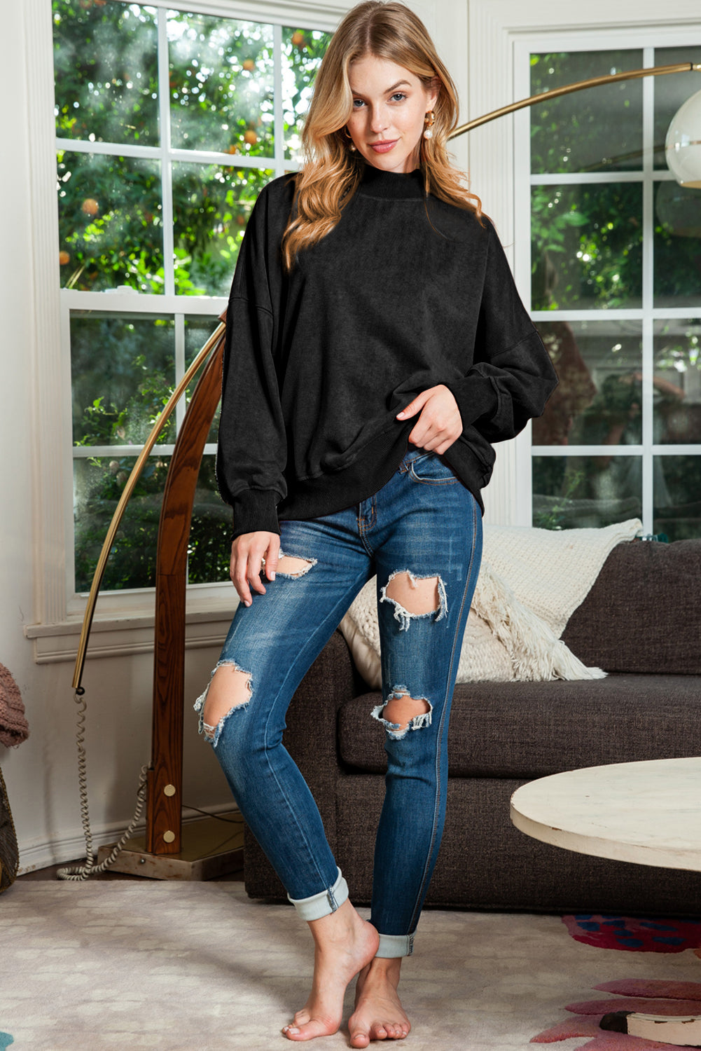 Sky Blue Plain Drop Shoulder Crew Neck Pullover Sweatshirt