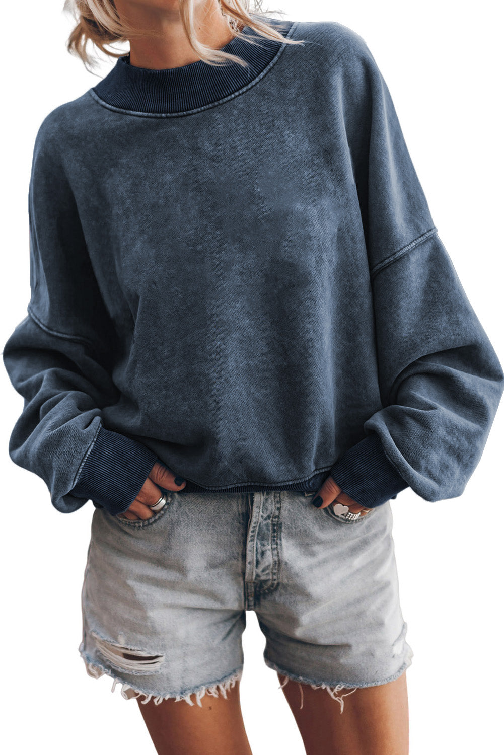Sky Blue Plain Drop Shoulder Crew Neck Pullover Sweatshirt