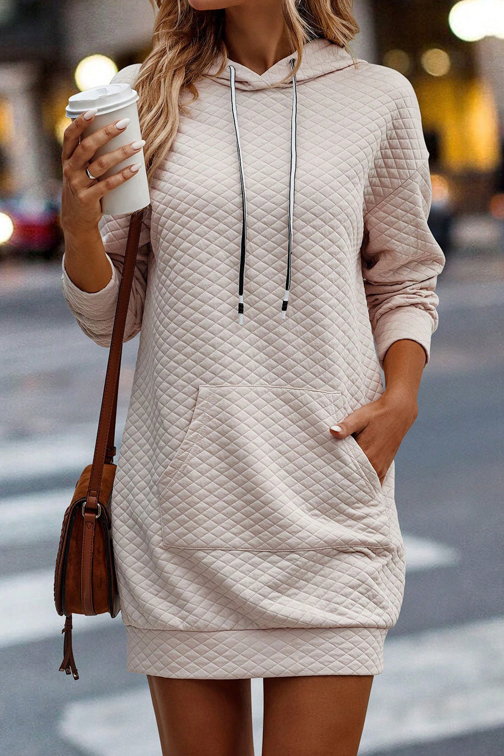 Black Drawstring Kangaroo Pocket Quilted Hooded Dress