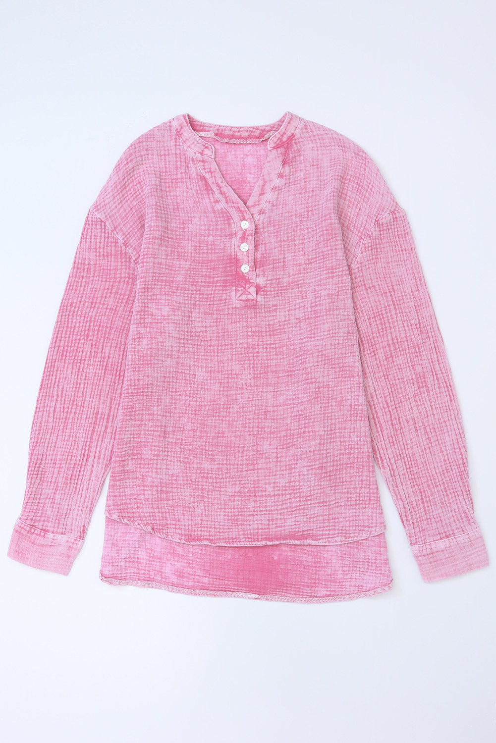 Pink Loose Crinkle Button V Neck Henley Top