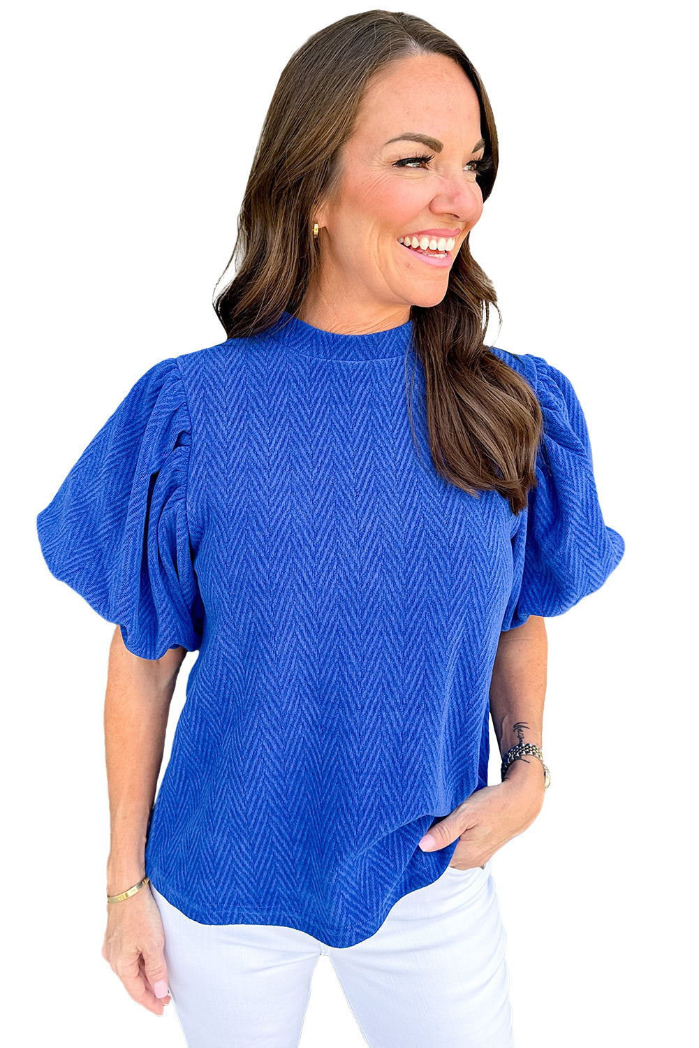 Black Solid Textured Puff Sleeve Mock Neck Blouse